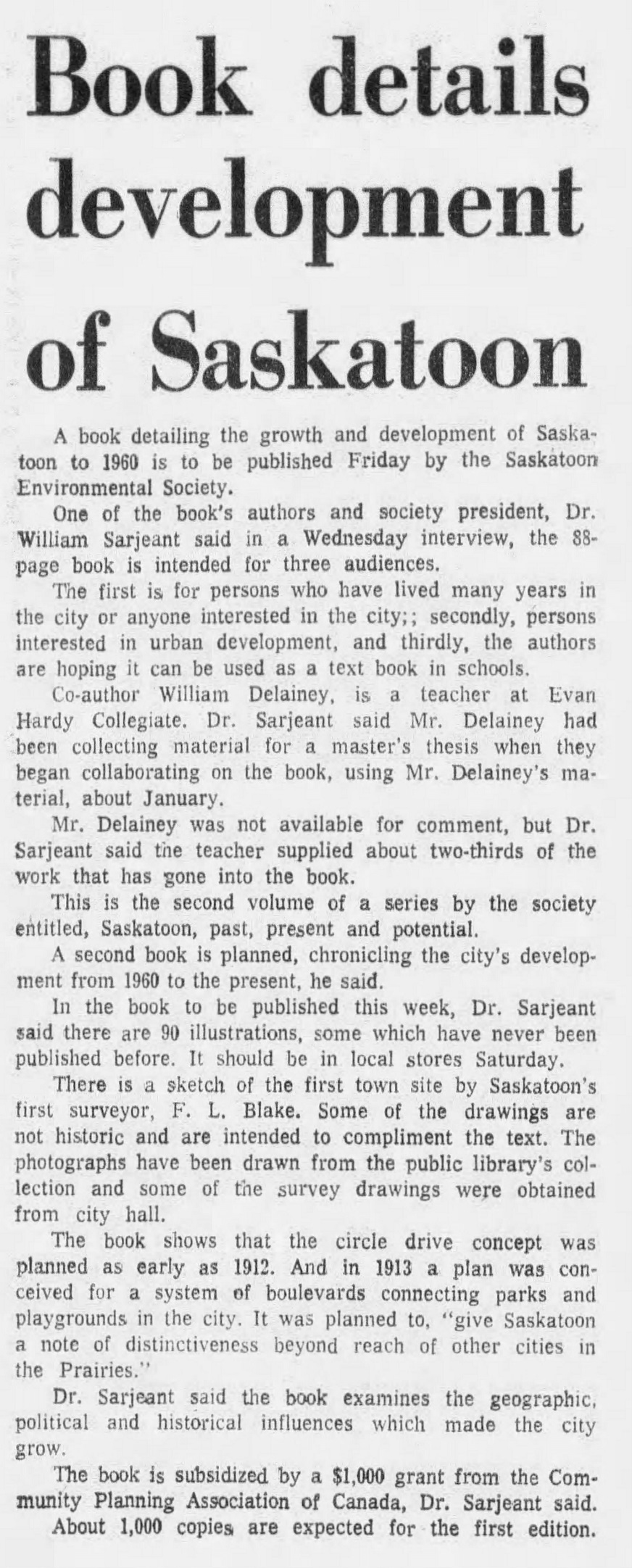 1974 Star Phoenix Book History William Sarjeant William Delainey heritage Saskatoon Environmental Society Nov 28