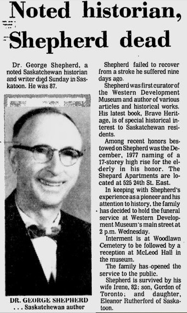 1978 Star Phoenix Died Dr George Shepherd historian writer WDM Brave Heritage Apartments 525 24th St E Feb 20