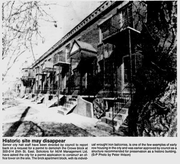 1979 Star Phoenix Crowe block demolition heritage historic site 300 25th St E NEM Management apartment brick Apr 24