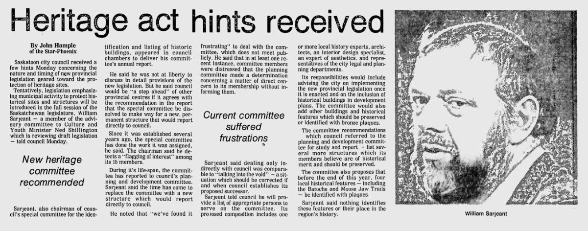 1979 Star Phoenix Heritage Act sites William Sarjeant Ned Shillington Mar 13